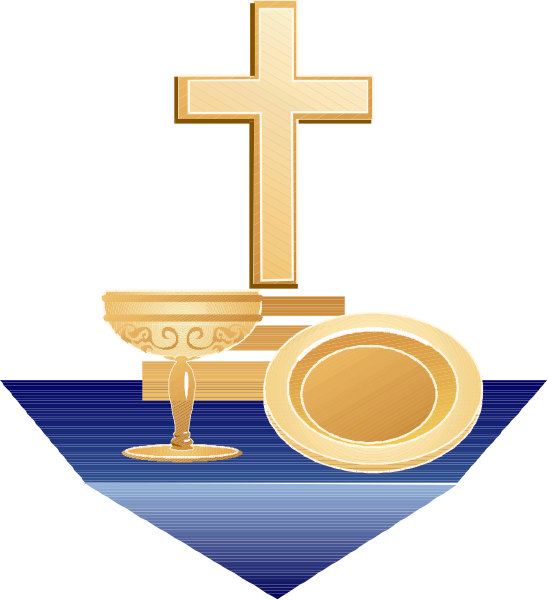 The image shows a stylized graphic of religious symbols including an anchor cross on top left corner with two golden coins below it in front of blue water background; there is also another gold coin to its right side, and at bottom center, there's a chalice or cup symbolizing the Christian sacrament.