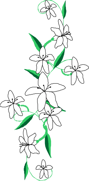 The image shows a black and white illustration of flowers with green stems on either side against a gray background.