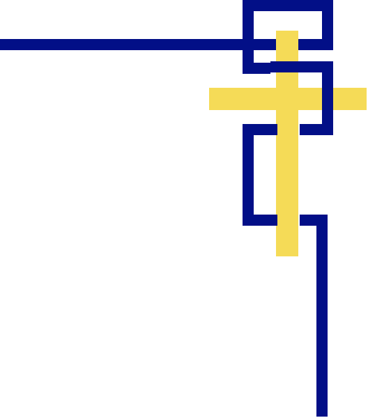 The image shows a pixelated representation of an interior space with walls forming corners at 90 degrees to each other; there is no visible furniture or decoration within this enclosed area. There's also what appears to be a small, yellowish object in one corner that could represent something like a light switch or similar fixture on the wall. The image has an old-fashioned video game aesthetic with its pixelated graphics and limited color palette.