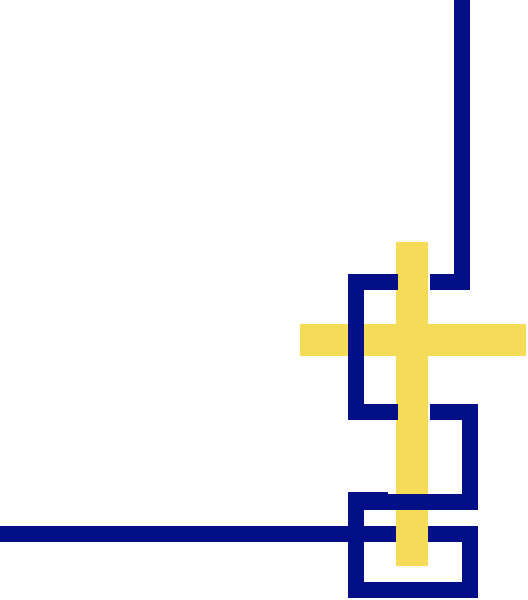 The image shows a pixelated representation of an interior space with walls forming corners at 90 degrees to each other; there is no visible flooring due to perspective angle but it appears as if we're looking upwards from below, and within this structure, two blue lines intersect in the center. There are also yellow rectangles that seem like they could be doors or windows on one of these walls.