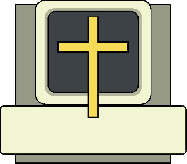 The image shows a pixelated representation of an old computer monitor with a cross on it placed inside what appears to be another object that resembles a book cover due to its spine-like design at the top, and there is no text present in this small clip art illustration.