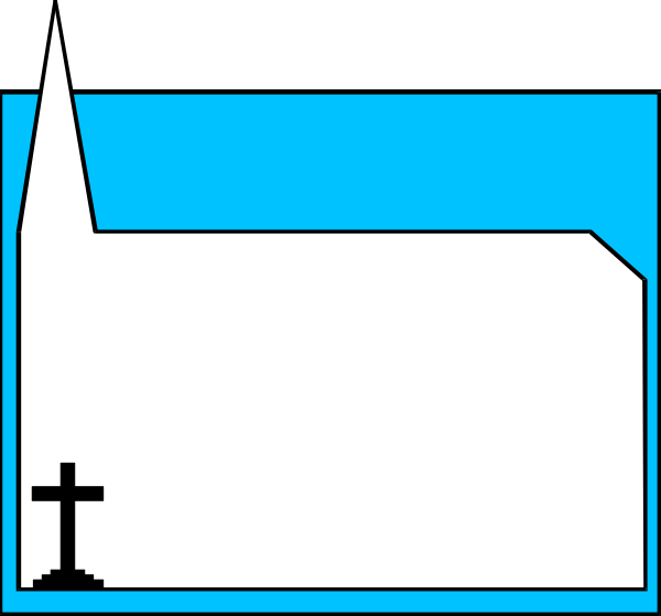 The image shows a simple pixelated representation of two churches with crosses on top against an aqua sky background.