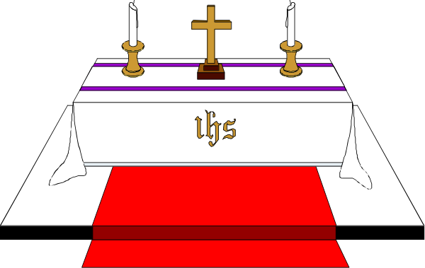 The image shows a digital representation of an altar with religious symbols such as candles, crosses, and text that reads "JESUS."