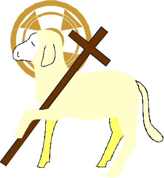 The image shows a cartoon depiction of an animal that resembles a sheep carrying a cross on its back while standing next to what appears to be a church steeple with a crucifix atop it, suggesting religious symbolism often associated with Christian iconography.