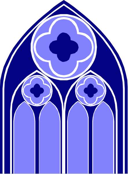 The image shows a stained glass window with three arched panels featuring blue flowers at their centers against an intricate pattern of lines that suggest light filtering through them; it is set within what appears to be part of a larger structure, possibly religious given its architectural style and presence in the background.
