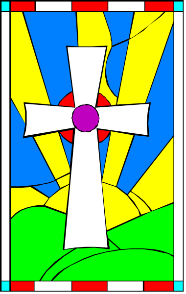 The picture shows a stained glass window with an illustration of a cross at its center surrounded by colorful rays that resemble sunbeams emanating from behind it.