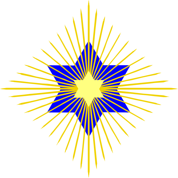 The image shows a stylized sunburst with rays emanating from its center against a dark background; atop this design is an eight-pointed star in blue within a yellow border.