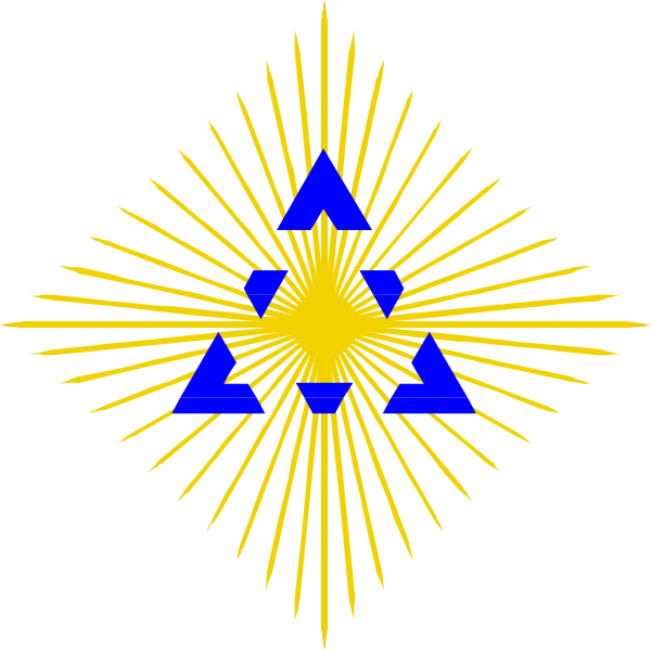 The image displays a stylized sun with rays emanating from it at various angles; within this design is an inverted triangle that contains three smaller triangles forming what appears to be a trident-like shape, and inside of these shapes there's another blue diamond or gemstone.