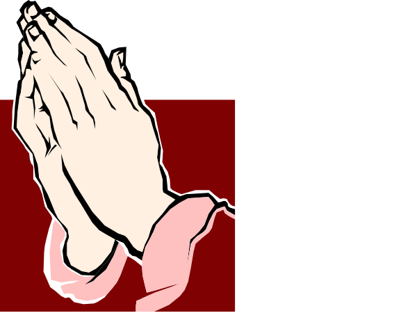 The image shows a black and white illustration of hands folded together with fingers pointing upwards as if praying, set against an abstract red background that resembles flames on either side.