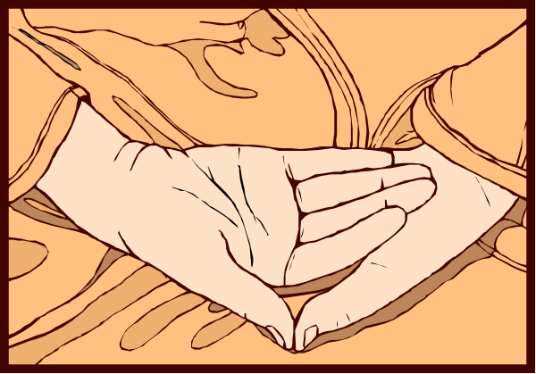 The image shows a hand with fingers forming an "L" shape over another person's hands that appear to be clasped together in prayer or meditation position.