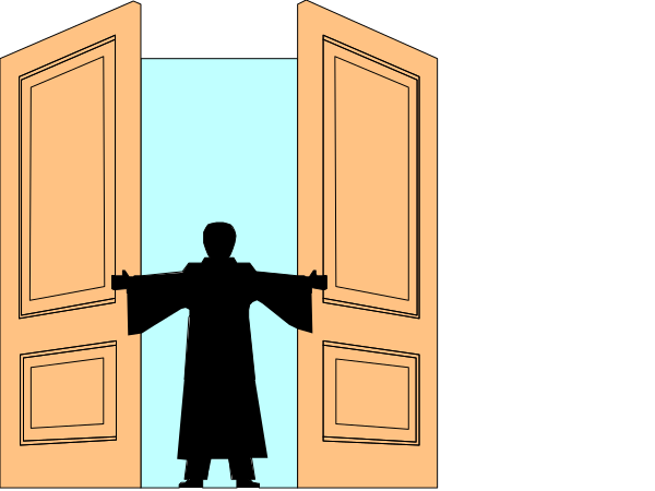 The image shows two open doors with a person standing between them; there's no text present.