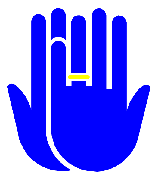 The image shows a blue hand with an open palm facing upwards next to a gold ring on its finger.