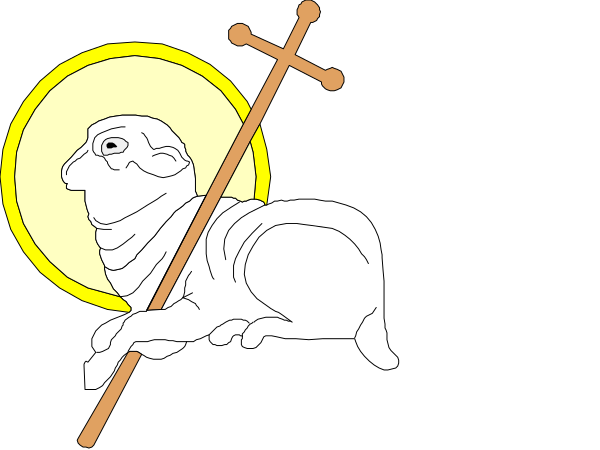 The image shows a black background with two white silhouettes of sheep on either side; between them is an illustration of Jesus Christ in his traditional depiction as seen from behind, wearing thorns around his head and holding what appears to be a cross or staff upright against him.