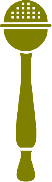 The image shows a microphone with an attached speaker on its stand against a checkered background.