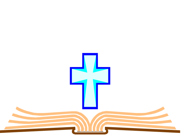 The image shows a cross with an open book on top of it against a black background.