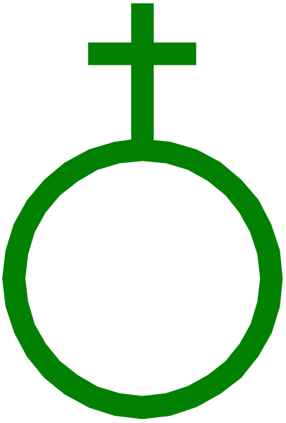 The image shows a green cross inside an oval with two vertical lines on either side of it against a black background.