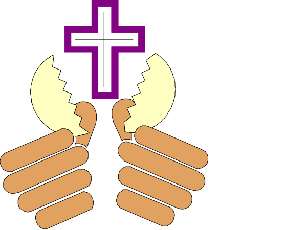 The image shows two hands holding a cross with cracked edges between them against a black background; there is no text present within this description of an object in isolation from its surroundings.