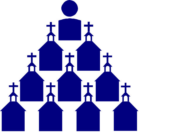 The image shows a collection of blue church buildings with crosses on top against a black background.