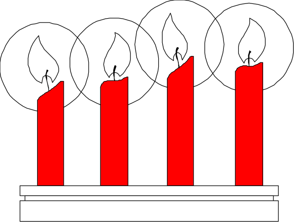 The image shows a stylized representation of three lit candles on top of what appears to be an altar with two red pillars flanking it; there is no text present in this clip-art illustration, and its background color contrasts sharply against the white border framing the scene.