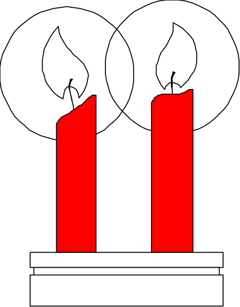 The image shows a black and white illustration of two red candles on either side of an open book with pages facing outward in front of them.