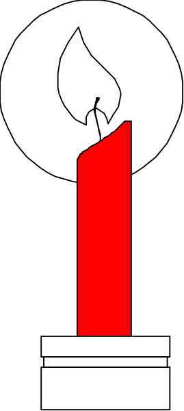 The image shows a red candle inside an illuminated white votive holder with flames at both ends of it against a dark background on what appears to be a greeting card design.
