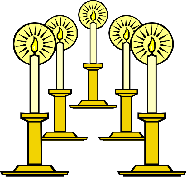 The image shows a stylized depiction of an altar with three candles on each side, flanked by two taller candle holders in front; above it is a cross-like structure adorned with seven sunburst designs and illuminated from within.