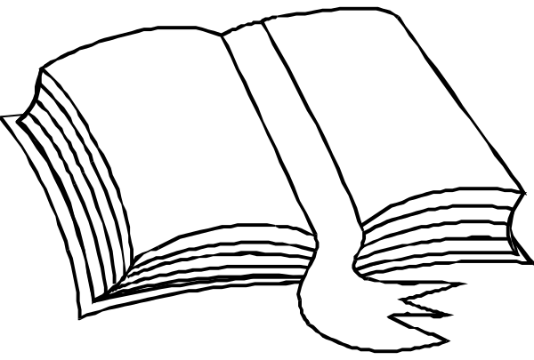The black and white illustration shows an open book with pages visible on a dark background.