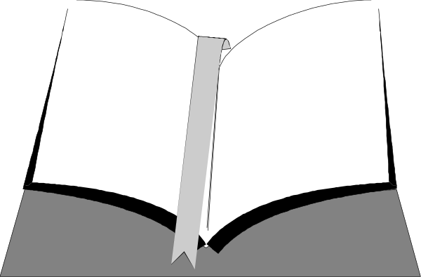The image shows a black and white illustration of an open book with pages that appear to be blank except for some text at the bottom right corner which is too small to read clearly in this description.