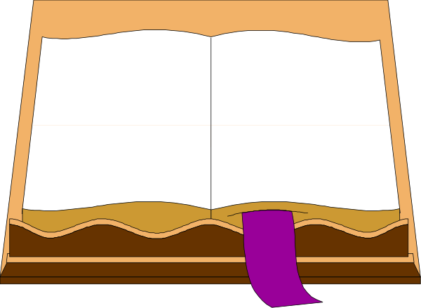 The image shows an open book with a purple ribbon marker on its pages next to it is another closed book that appears blank in coloring scheme.