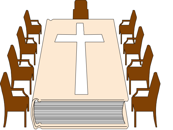 The image shows a black and white illustration of an indoor scene featuring a large wooden cross on top of what appears to be a podium in front of rows of chairs where several figures resembling people can be seen seated, suggesting this could represent a church or meeting hall setting with no visible text.