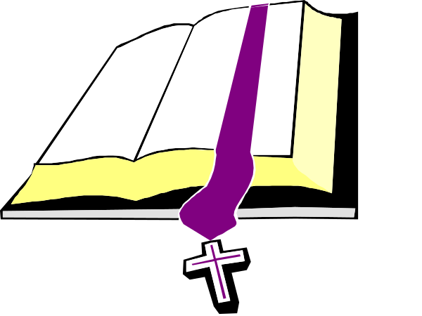 The image shows a purple cross on top of an open book with pages that appear to be blank white space, suggesting it is meant for writing in; there's also what looks like a small yellow figure atop one page and another smaller object resembling a key or tool near the bottom right corner.