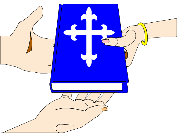The image shows a hand holding an open blue book with a cross on it being passed to another person's hands from above.