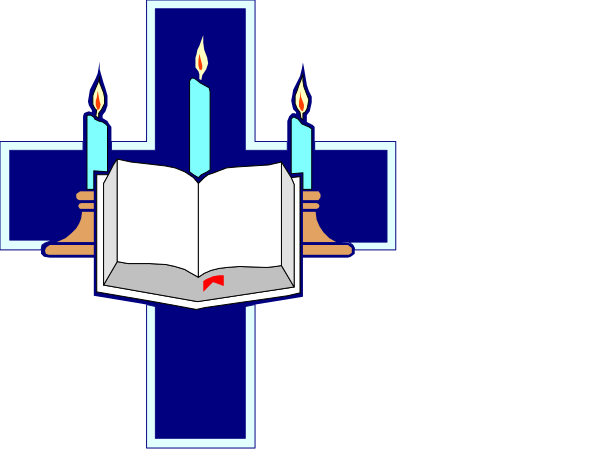 The image shows a stylized graphic of an open book with two lit candles on either side atop it, set against a dark background that resembles night sky; there is also what appears to be a cross in front and behind this central scene.
