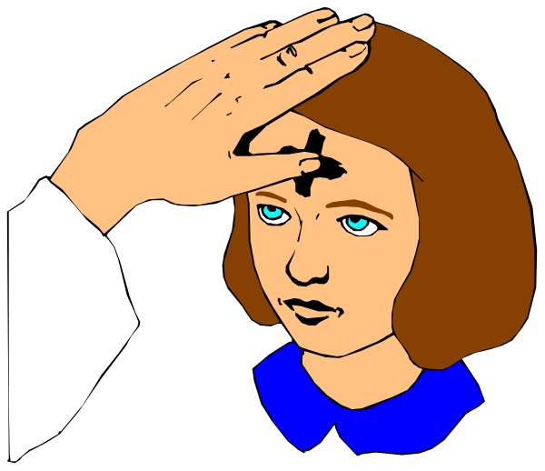 The image shows a cartoon of an adult female character with blue eyes wearing glasses standing next to another figure that appears to be performing some sort of ritualistic act on her head using their hand as if casting a shadow over it, which is often associated with exorcism or healing rituals in religious contexts.