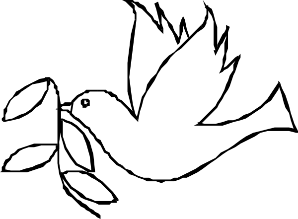 The black and white logo features a dove with an olive branch on its beak flying over peace symbols that include hands forming hearts around each other.