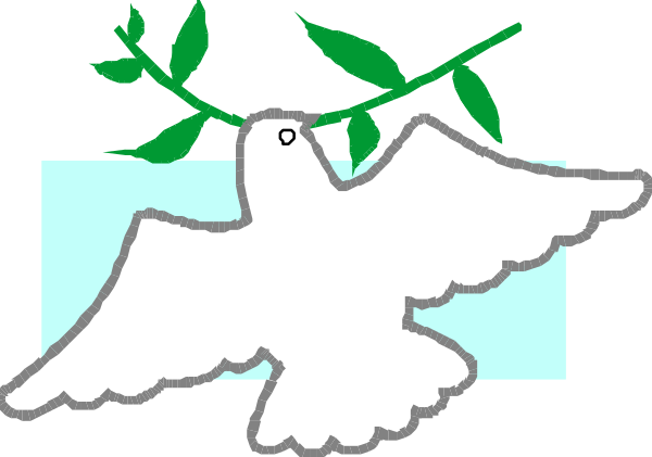 The image shows a white dove with an olive branch on its head flying over two peace doves that have their wings spread out in front of them against a blue sky background.
