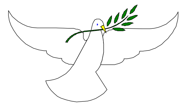 The image shows a white dove carrying an olive branch on its beak while perched atop two crossed swords with wings spread out in flight against a black background.