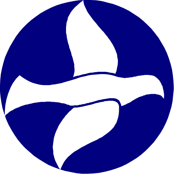 The image shows a blue circle with two white crosses inside it on either side of an emblem that resembles a bird in flight within another smaller circular design featuring three wings spread outward from each other, all set against a black background.