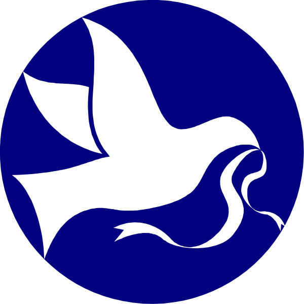 The image shows a blue circle with two white doves inside it; each dove is holding an olive branch in its beak while perched on top of another bird that appears to have been pecked by one of them, creating a sense of conflict between peace and war symbols within the same space.