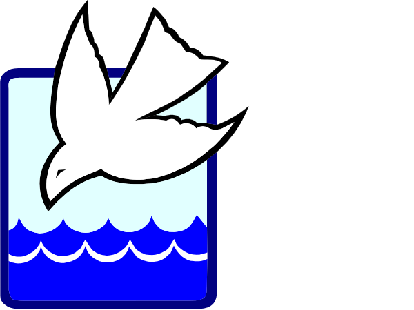 The image shows a blue bird flying over water with waves depicted below it on either side of an island that has two flags: one is white with what appears to be a cross symbol inside; the other flag features a boat and ocean motif, suggesting maritime themes or locations associated with these symbols.