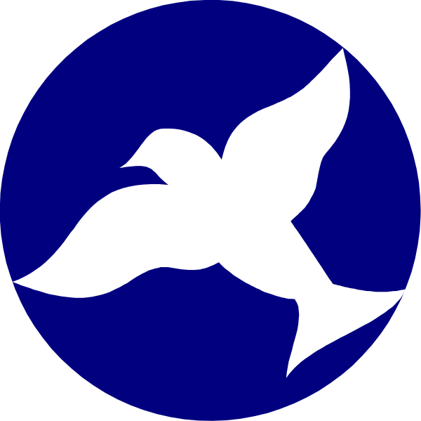 The image shows a blue circle with two white doves inside it on either side of an arrow pointing to their center where there is another bird in flight above them against a black background.