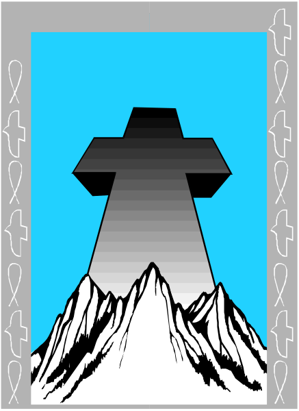 The image shows a stylized illustration of an outdoor scene with a cross on top of what appears to be a mountain peak in front of a blue sky background; there is also text that includes symbols resembling runes at the bottom left corner, suggesting some form of mystical or esoteric theme.