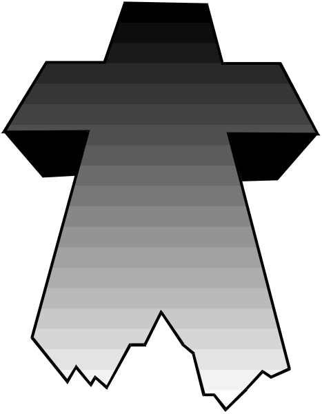 The image shows a stylized silhouette of an indistinct figure with outstretched arms against a dark background that resembles mountains in shades of gray on either side.