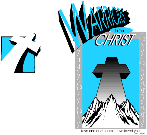The image shows a graphic with text that reads "WARRIORS FOR CHRIST" at the top left corner against an illustration of mountains in the background on one side and what appears to be a cross-like structure, possibly representing a church steeple or monument, on another side. In front is a blue sky backdrop for these elements with some text that includes "CHURCH," "WARRIORS FOR CHRIST" again at the bottom right corner in smaller font size than above and additional words like "JESUS IS LORD." The overall style of this image seems