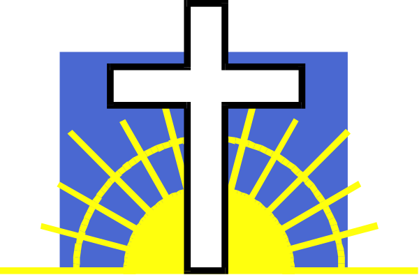 The image shows a stylized cross with rays of light emanating from behind it against an evening sky background that includes stars and what appears to be sunbeams.