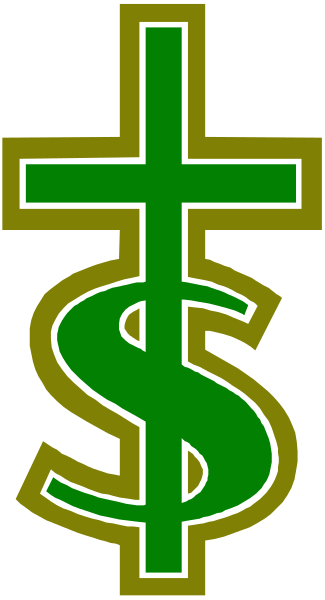 The image shows a logo with an American dollar sign inside it next to a cross symbol on what appears to be a flag background.