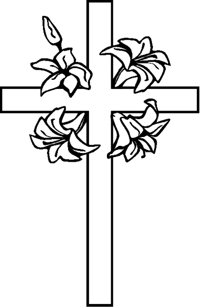 The image shows a black cross with white flowers on it against a gray background.