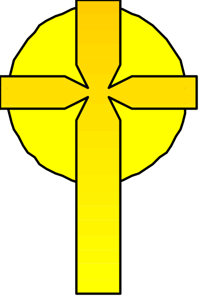 The image shows a stylized cross with rays emanating from it against a black background on top of what appears to be an American flag design in yellow and white stripes at bottom.