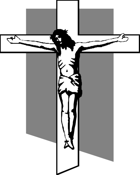 The black and white logo of a cross with an outline figure resembling Jesus Christ on it inside what appears to be a church window frame.
