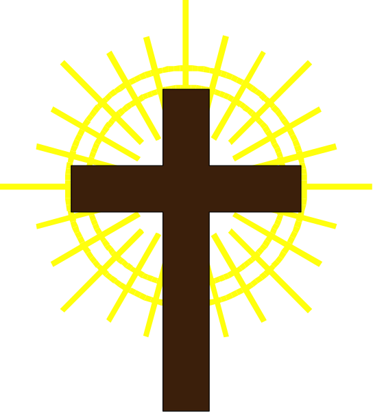 The image shows a cross with rays of light emanating from it against a dark background.
